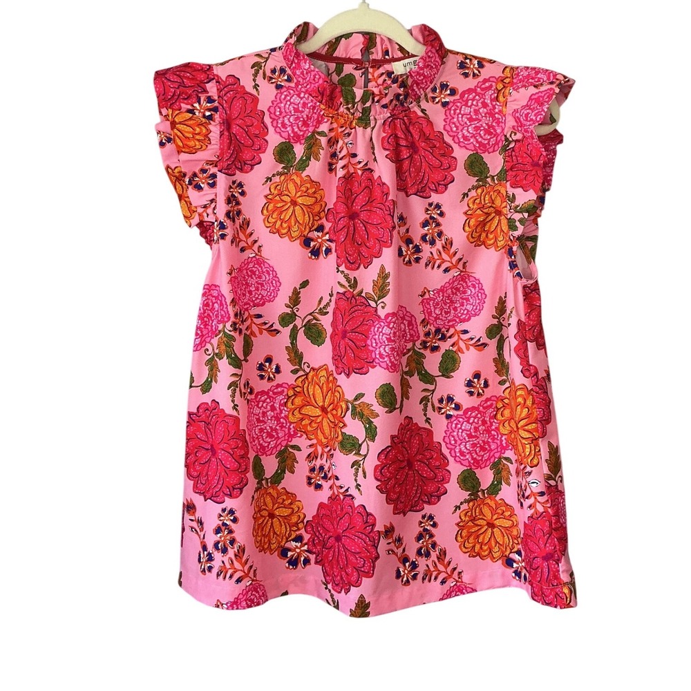 Umgee Pink Floral Ruffle High Neck Cap‎ Sleeve Blouse K839 Small